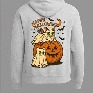 Gray Halloween Cat Sweater with Pumpkin Design